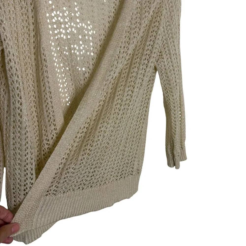 80 Park Cardigan Sweater Open Knit Open Front Beige Metallic Gold XL